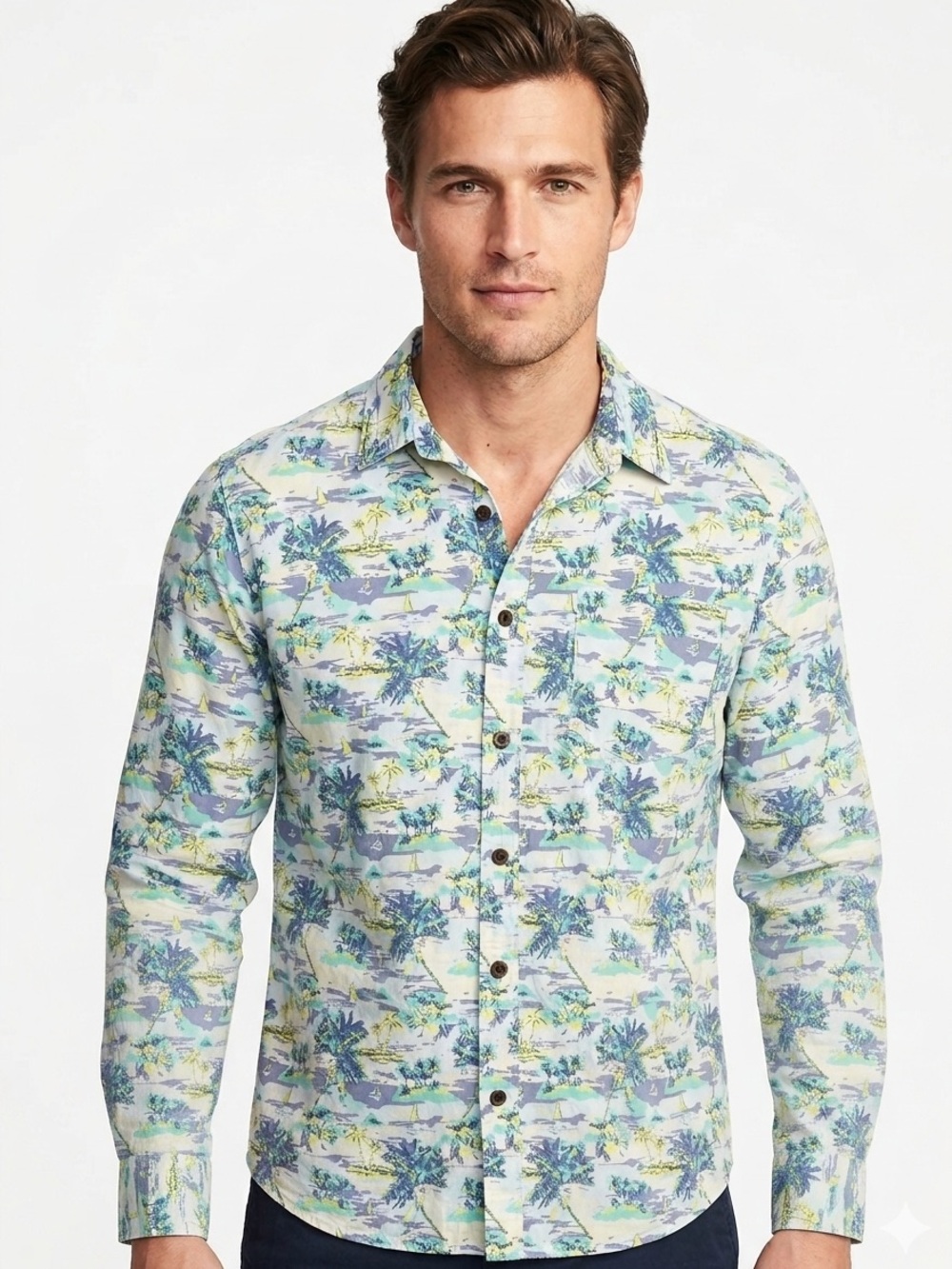 Cactus Men Shirt Long Sleeves Tropical Palm Print Teal, Aqua,Yellow, Size Medium